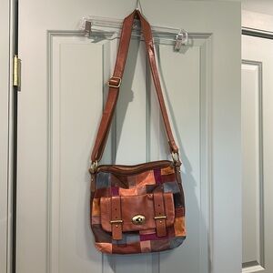 ✨Fossil Mason Flap Patchwork Brown Leather Shoulder Satchel Crossbody Handbag✨